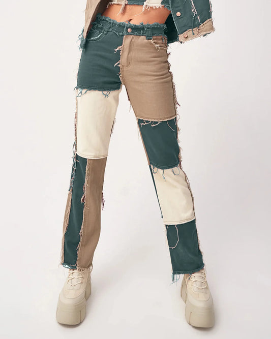 2025 Hot Sale Mixed Color Patchwork Jeans For Women Fashion High Stretch Denim Straight Pants Street Hipster Trousers XS-2XL