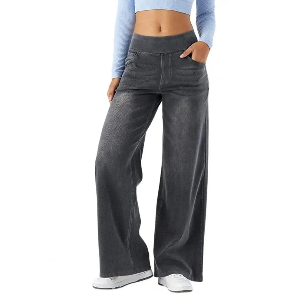2025 Women Jeans With Pockets Elastic High Waist Solid Color Full Length Pants Straight Wide Leg Pants Baggy Denim Trousers