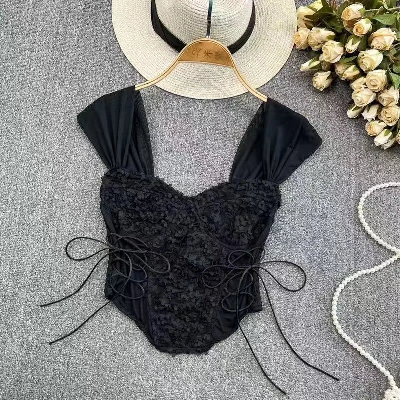 Women Corset Top Y2K Clothes Lolita Ruffles Flower Lace Tank Top Summer French Tube Tops Cute Clothes Pink Crop Tops