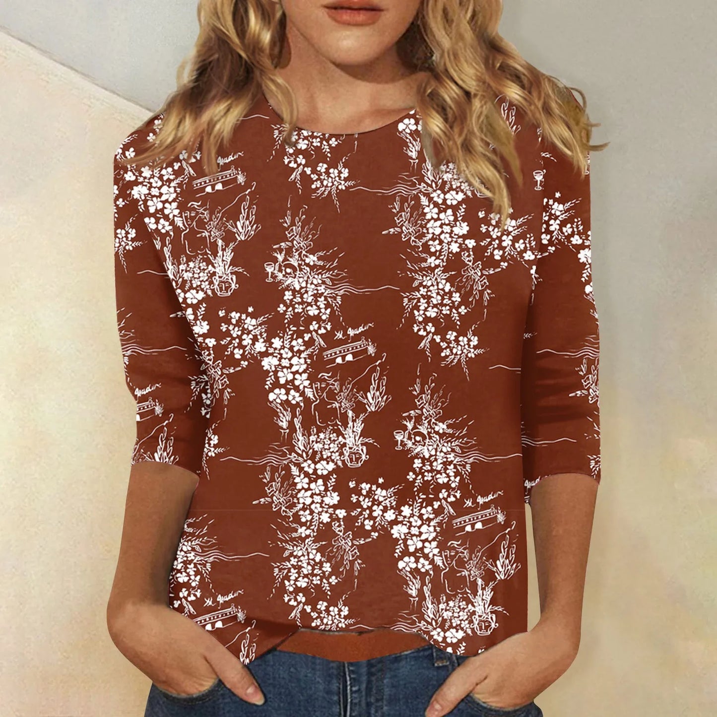 2024 Women Summer Tops Comfortable T Shirt Fashion Flower Print Round Neck 3/4 Sleeve Tops Soft Versatile Pullover Ropa De Mujer