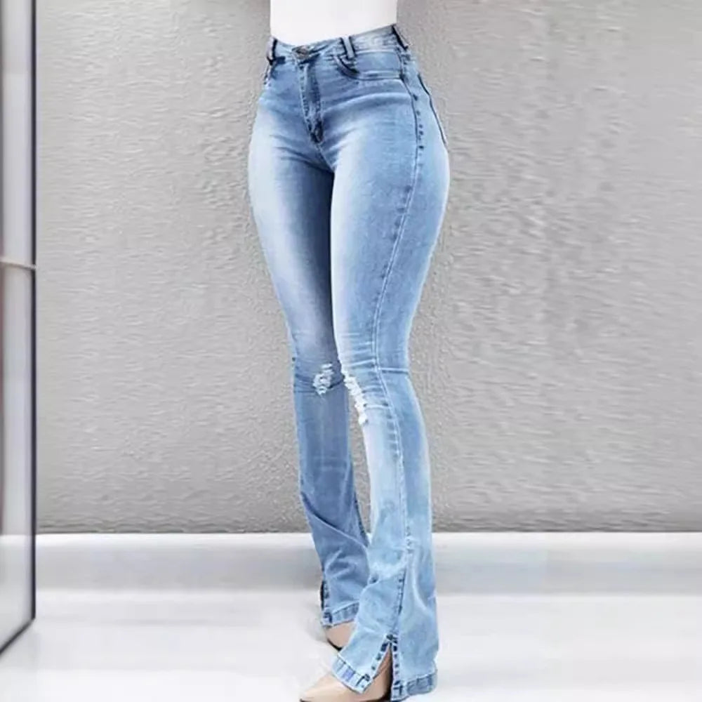 Jeans Flare Pant Women Denim Pencil Long Pants Hip Wrap Elegant Splice Sheath Sexy Trousers High Waist Autumn Slim Fit