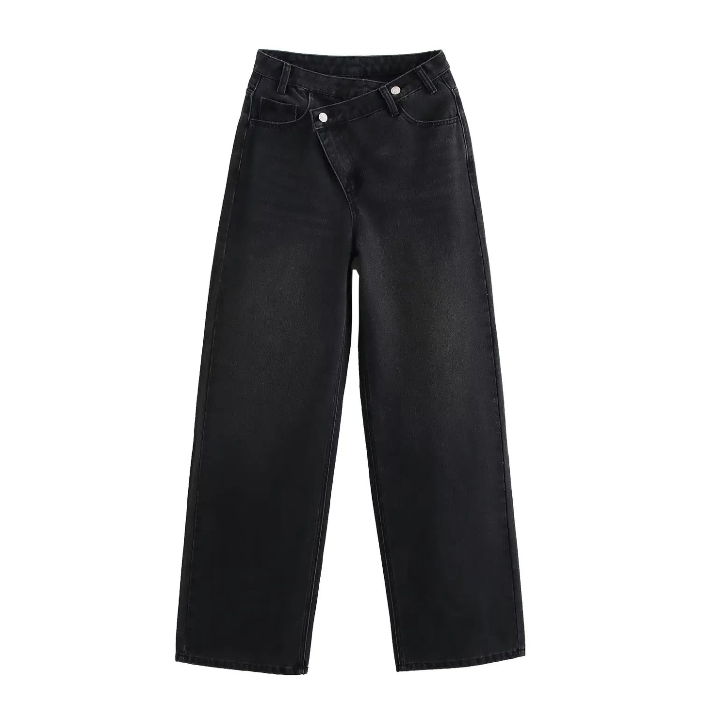 Women's new chic fashion asymmetrical waist design loose high waist wide leg jeans retro side pocket zipper women's denim pants
