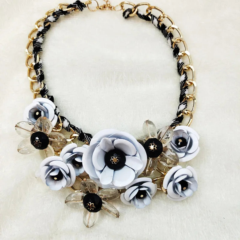 Womens Necklace Colorful Flowers Woven Short Collarbone Chain