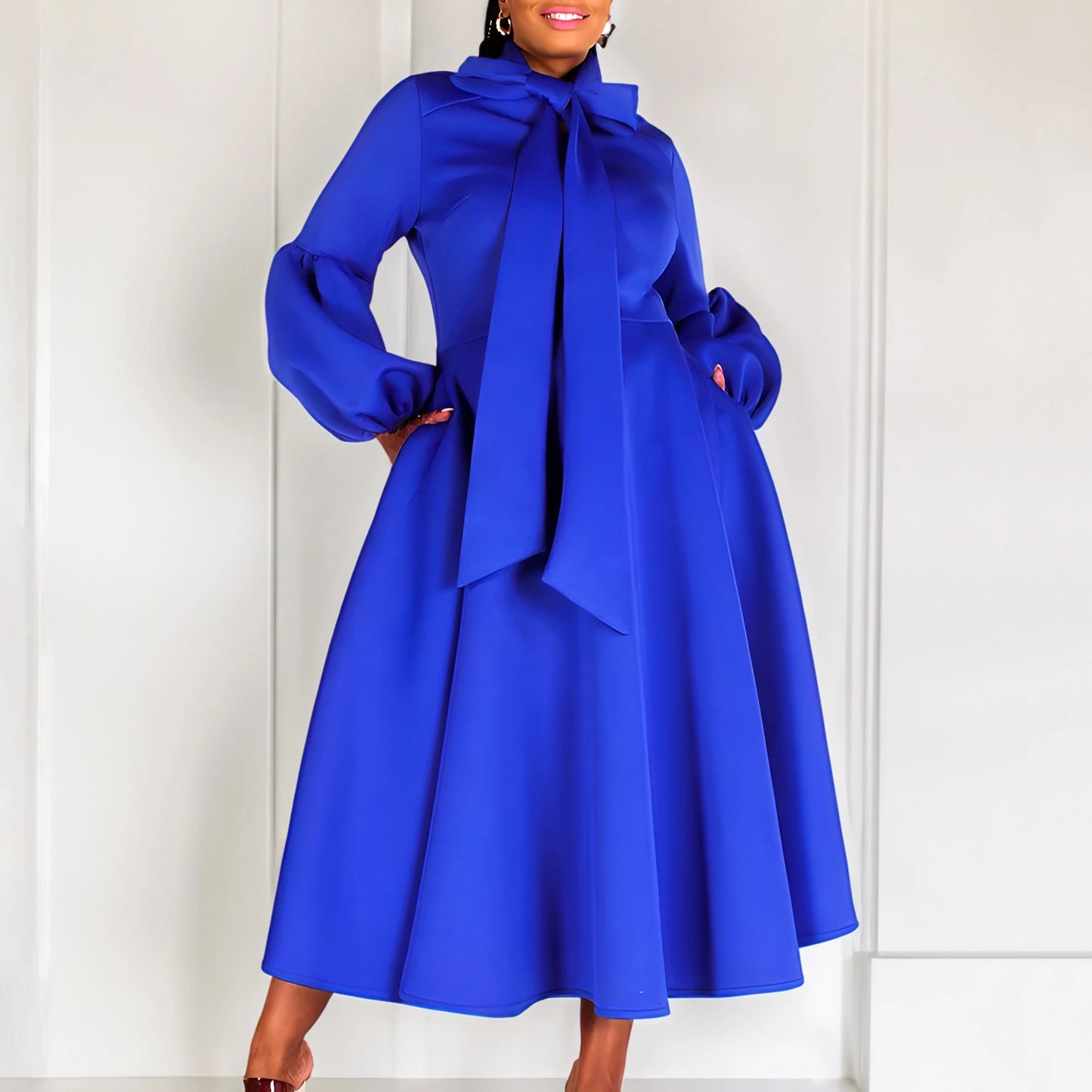 Elegant Dresses for Women Bow Collar Full Sleeve High Waisted A Line Mid Calf Luxury Female Birthday Party Dinner Vestidos Mujer