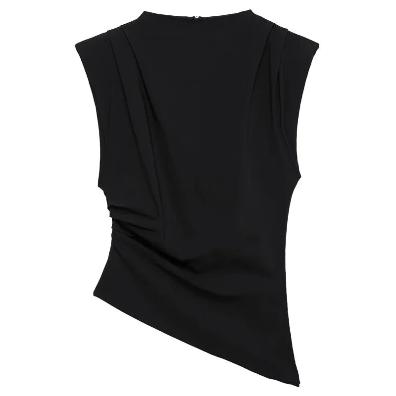 TRAF Ruffled Asymmetric Tops For Women Tanks & Camis Summer 2025 Burgundy Brown Black Tank Tops Ruched O-Neck Sleeveless Vests