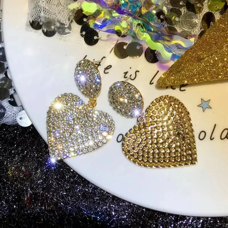 Heart Earrings Women's Luxurious Geometric Full Rhinestone Earrings Korean Gold Color Love 2023 Fashion Jewelry Accessories