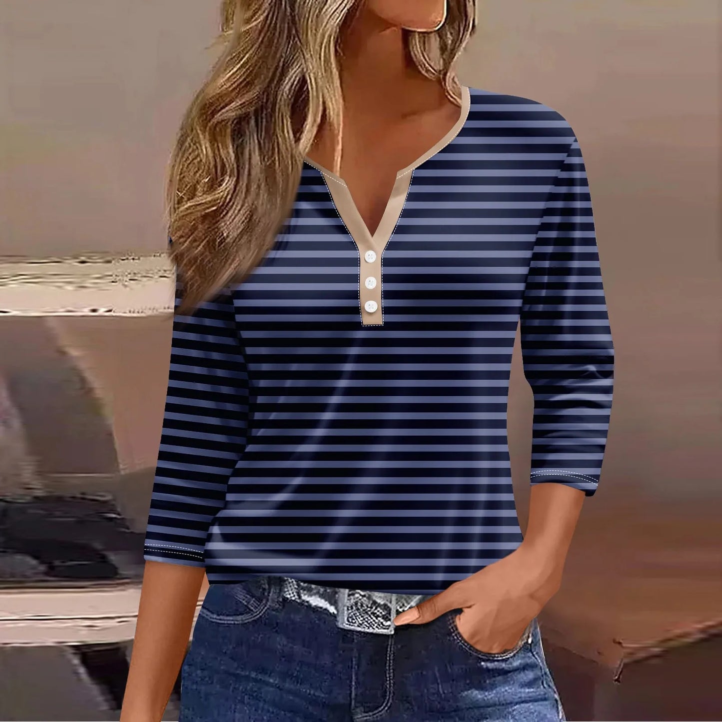 Tops For Women Women'S T Shirt Tee Print Button 3/4 Sleeve Daily Weekend Fashion Basic V Neck Regular Top Ropa De Mujer New