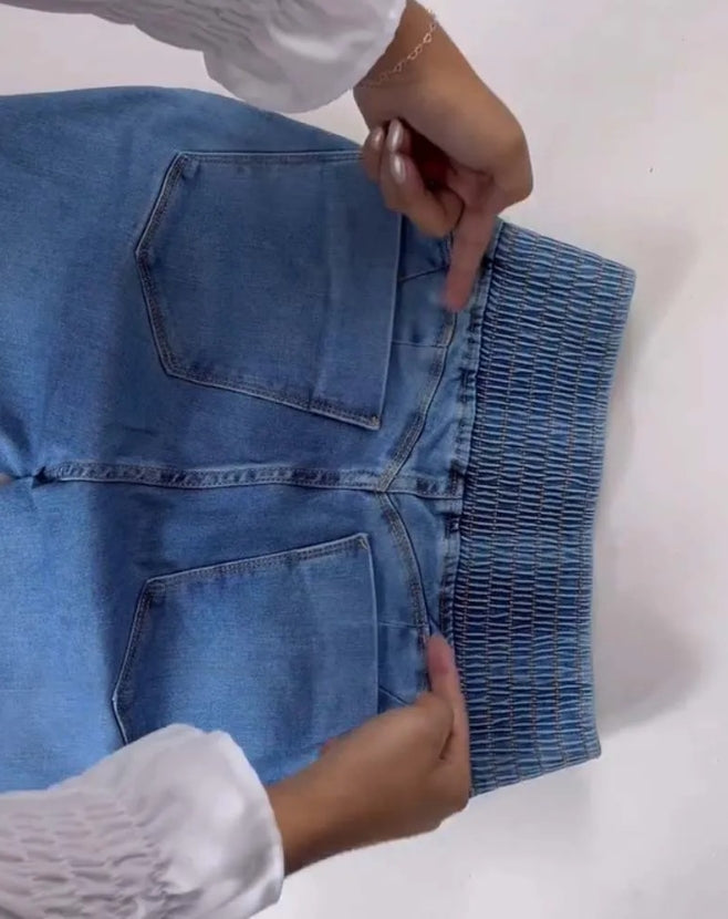 Fashionable Women's New Jeans Back Shirred Button Front High Waist Jeans Temperament Commuting Casual Comfortable Jeans