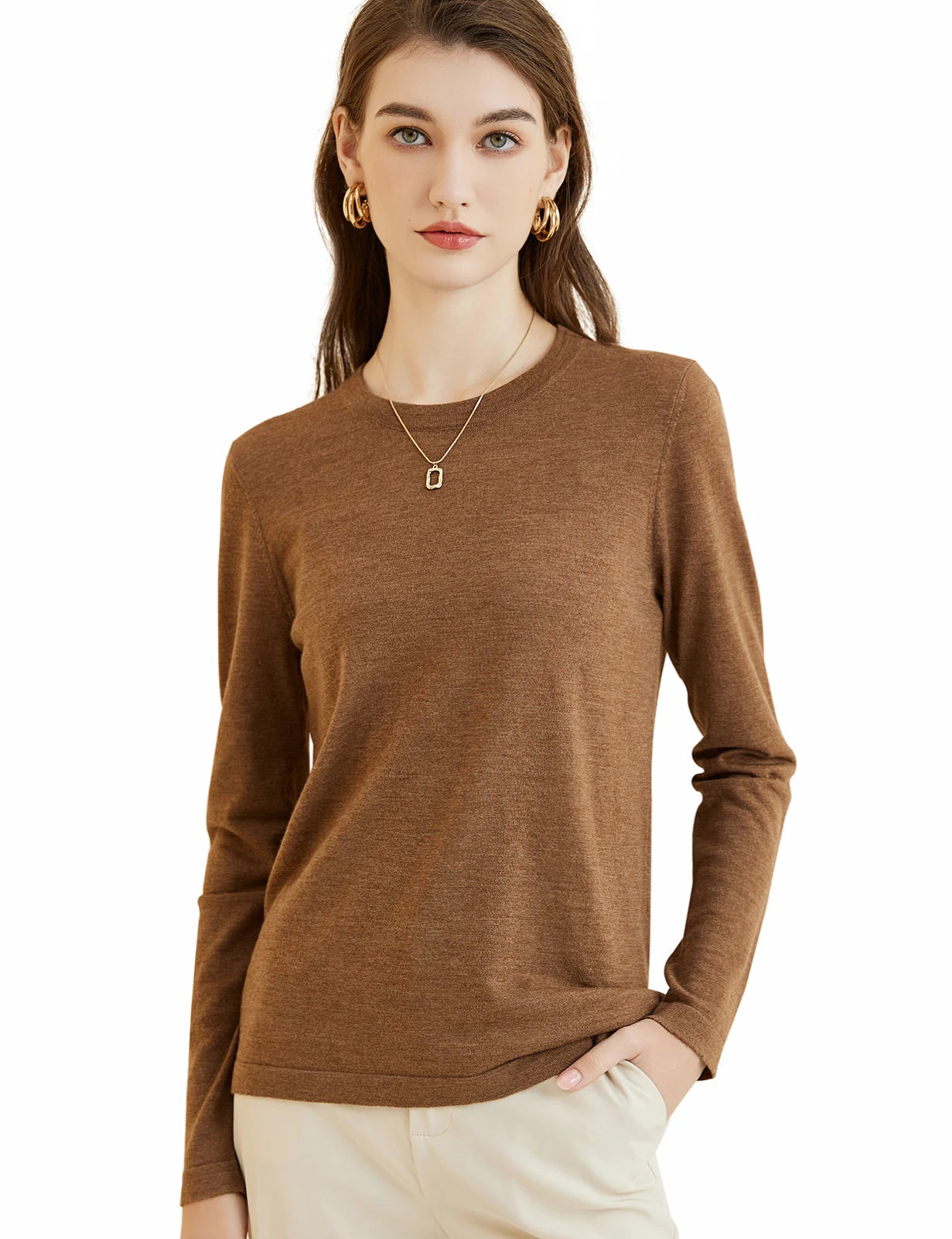 Women's T Shirt 100% Merino Wool Base Layer Top Fall Winter Fashion Crewneck Soft Merino Tee Long Sleeve Tops Knit Women Clothes