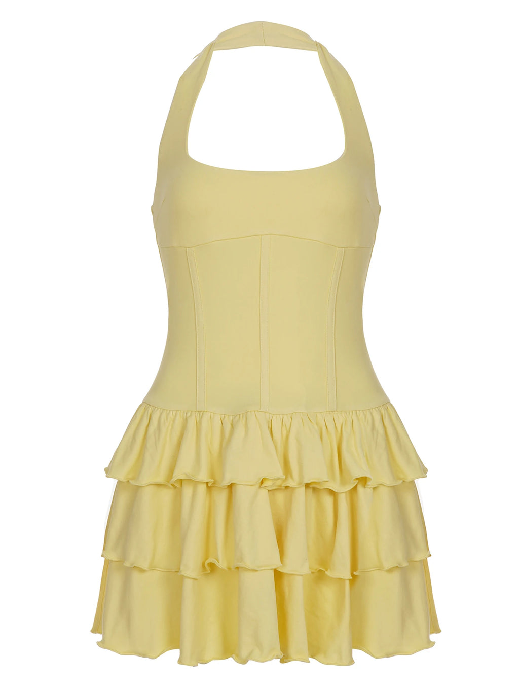 Women's Dresses 2025 Halter Mini Dress Chic U Neck Layer Ruffles Hem Bodycone A Line Vestido Summer Ladies Street Party Wear
