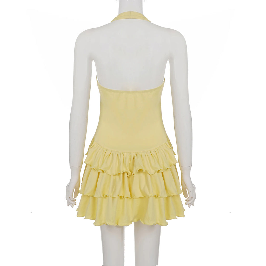 Women's Dresses 2025 Halter Mini Dress Chic U Neck Layer Ruffles Hem Bodycone A Line Vestido Summer Ladies Street Party Wear