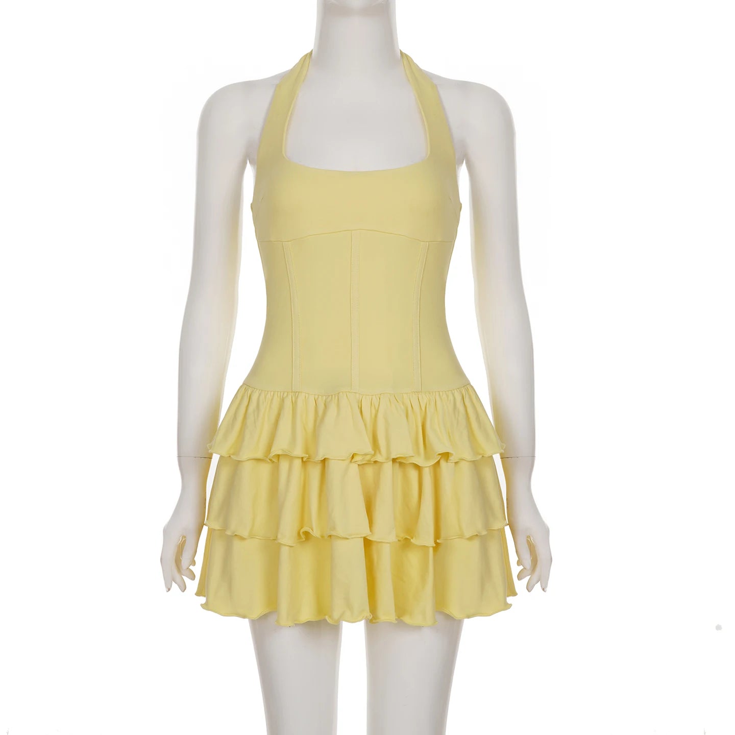 Women's Dresses 2025 Halter Mini Dress Chic U Neck Layer Ruffles Hem Bodycone A Line Vestido Summer Ladies Street Party Wear