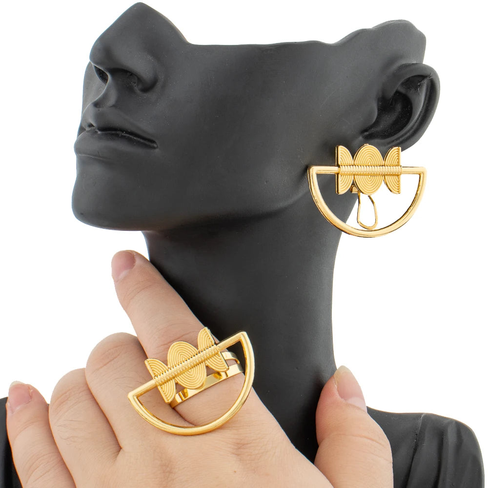 Earrings Jewelry Set for Women African 18k Gold Color Earrings with Ring Unusual Design Ear Accessories Girls Lover Daily Gifts