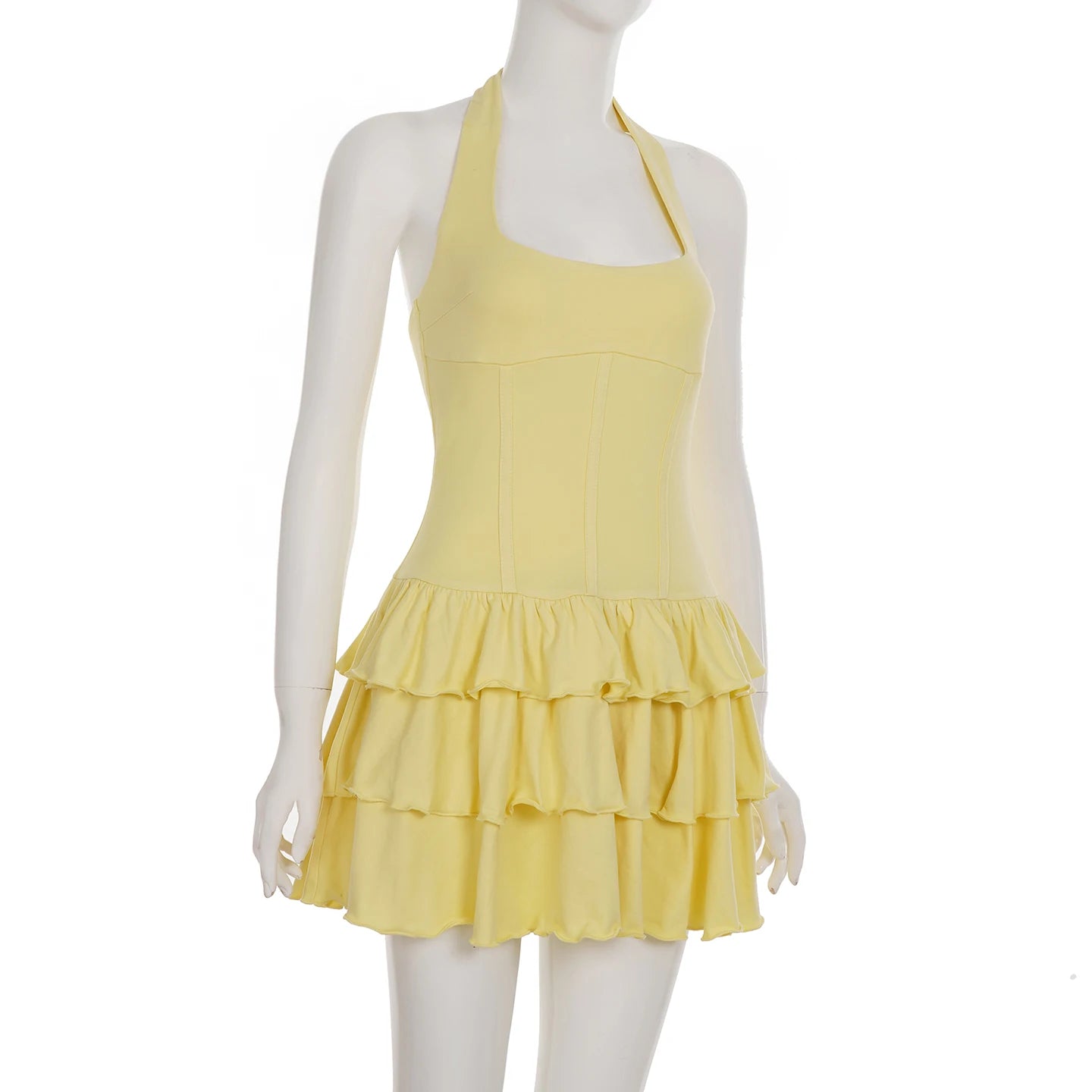 Women's Dresses 2025 Halter Mini Dress Chic U Neck Layer Ruffles Hem Bodycone A Line Vestido Summer Ladies Street Party Wear