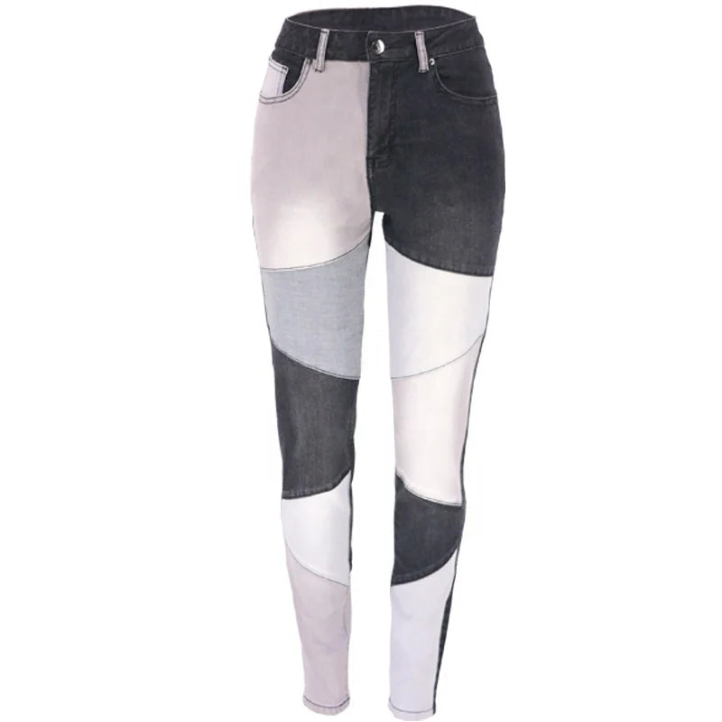 Fashionable Women's High Waist Denim Skinny Leggings High Quality Pencil Jeans Color Block Patchwork 3D Fall Spring Summer