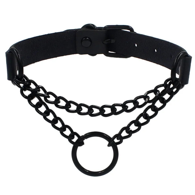 Round Layered Necklace Black Chain Necklaces for Women Men Pu Leather Gothic Punk Statement Choker Necklace Cosplay Jewelry