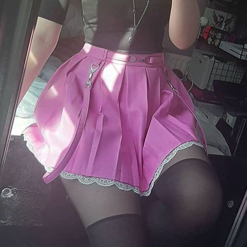 Women Skirts 2021 New Straps Decor Harakuju Lolita High Waist Mini Pleated Skirt School Girls Lace Hem Cute Streetwear