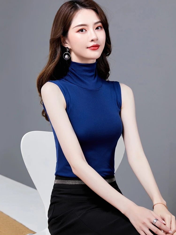 Summer Tops For Women 2025 Turtleneck Basic Sleeveless Lace Tank Tops Women Female Top Korean Tees Black White Blue