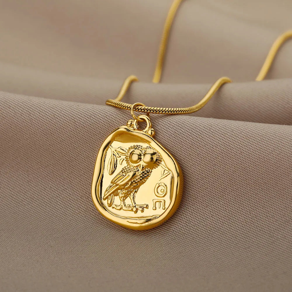 Vintage Coin Necklaces For Women Owl Choker Pendant Necklace Collar Bohemia Carved Freedom Letter Jewelry Gift Bijoux Femme