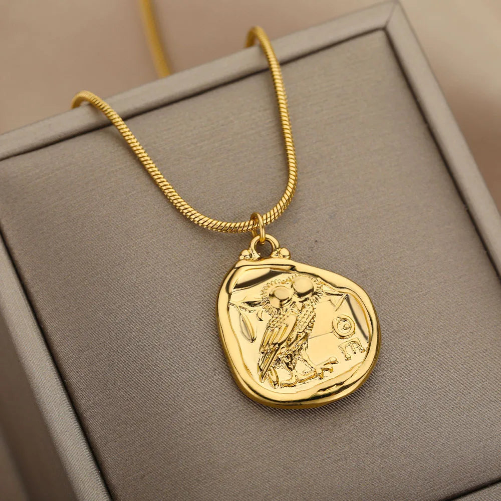 Vintage Coin Necklaces For Women Owl Choker Pendant Necklace Collar Bohemia Carved Freedom Letter Jewelry Gift Bijoux Femme