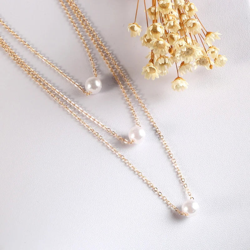 New Korean Pearl Necklaces for Women Gold Color Link Chain Choker Fashion Neck Accessories Elegant Collar bijoux femme