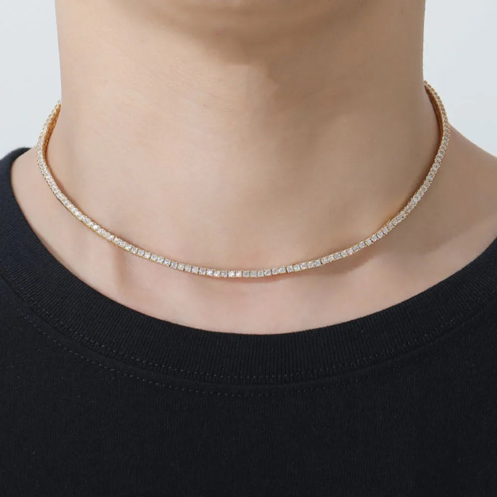 Tennis Necklace & Bracelet for Women – 2mm Pave Zircon Chain, Gold-Plated Brass, 6–20 Inch Lengths