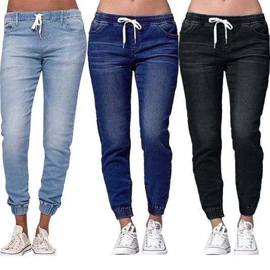 Casual Women Drawstring Elastic Waist Jeans Loose Denim Long Pants Drawstring Elastic Waist Jeans Denim Pants 2022