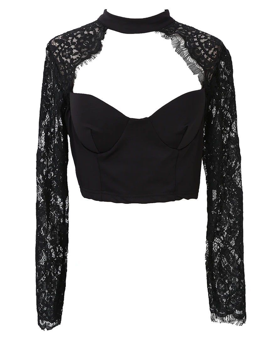 Women's Sexy Tops See through Crop Top Lace Floral Slim V neck Tops Crop Top Solid T-Shirt