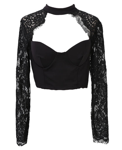 Women's Sexy Tops See through Crop Top Lace Floral Slim V neck Tops Crop Top Solid T-Shirt