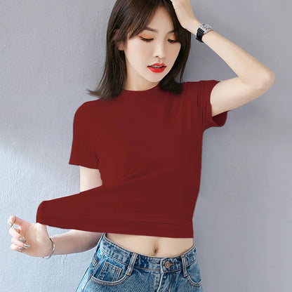 Women T-shirt Short sleeve tshirt for woman Turtleneck Solid Color Women's Top Spring Summer Cotton Shirt for womens
