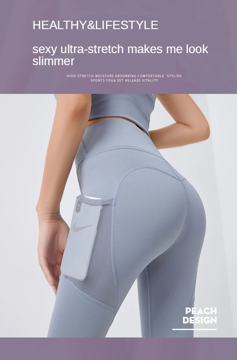 New High Waist Women's Leggings Stretch Yoga Pants Tights With Pockets Push Up Fitness Running Sportswear Solid Color Pants