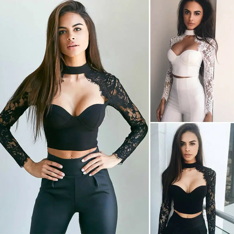 Women's Sexy Tops See through Crop Top Lace Floral Slim V neck Tops Crop Top Solid T-Shirt