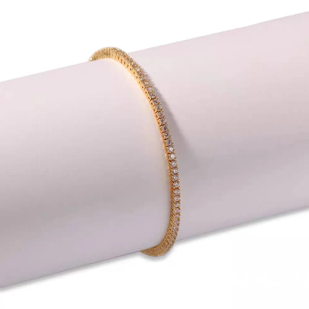 Tennis Necklace & Bracelet for Women – 2mm Pave Zircon Chain, Gold-Plated Brass, 6–20 Inch Lengths