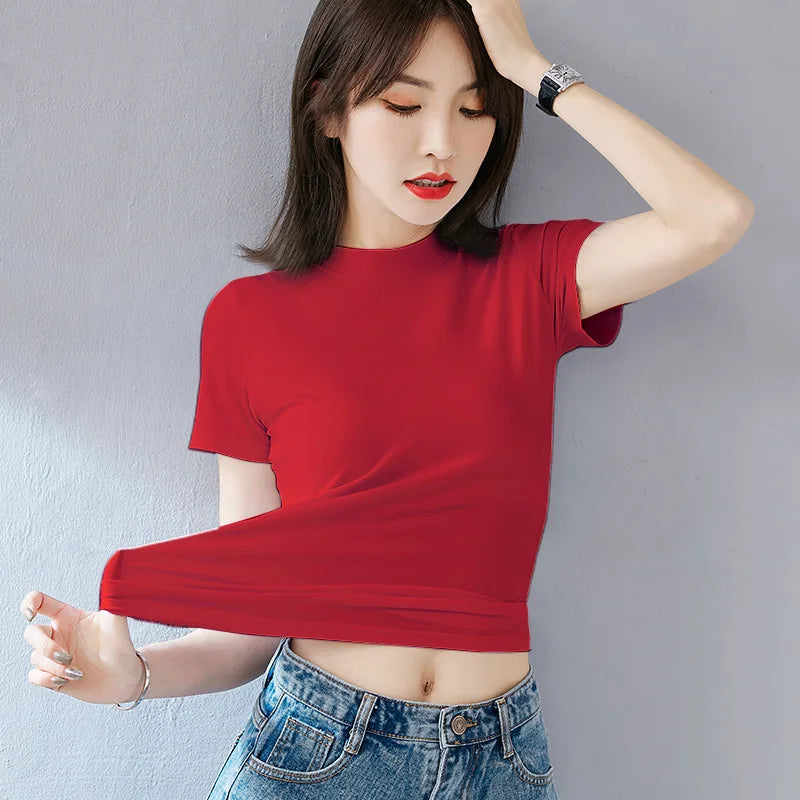 Women T-shirt Short sleeve tshirt for woman Turtleneck Solid Color Women's Top Spring Summer Cotton Shirt for womens