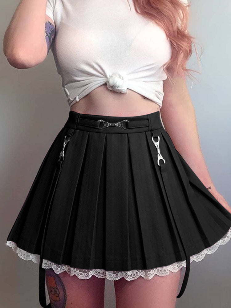 Women Skirts 2021 New Straps Decor Harakuju Lolita High Waist Mini Pleated Skirt School Girls Lace Hem Cute Streetwear