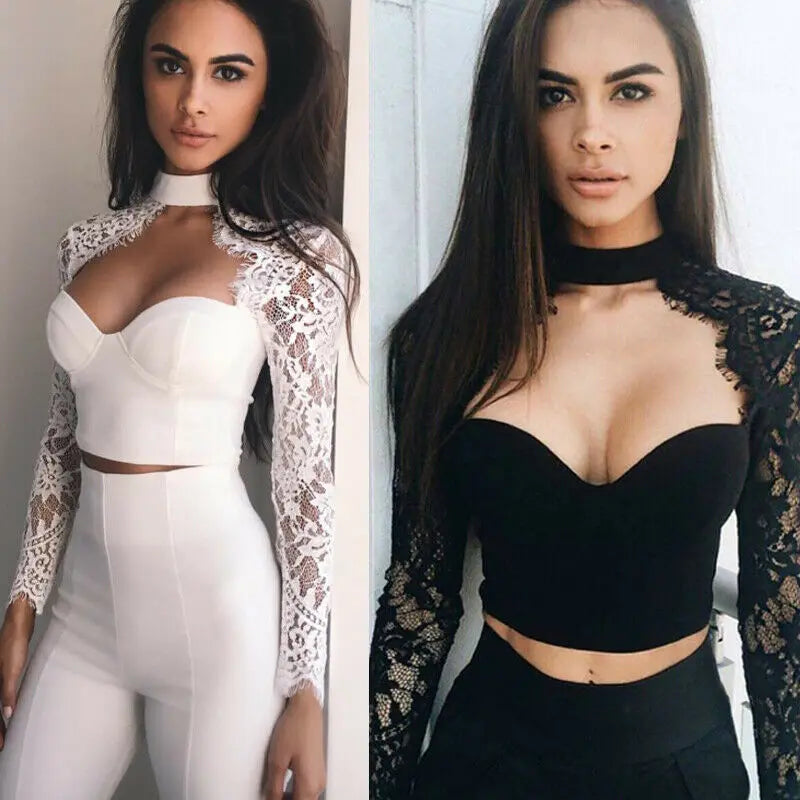 Women's Sexy Tops See through Crop Top Lace Floral Slim V neck Tops Crop Top Solid T-Shirt