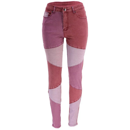 Fashionable Women's High Waist Denim Skinny Leggings High Quality Pencil Jeans Color Block Patchwork 3D Fall Spring Summer