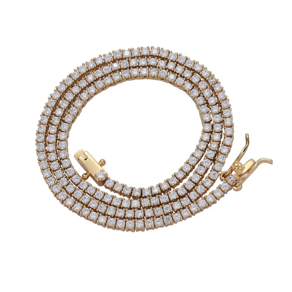 Tennis Necklace & Bracelet for Women – 2mm Pave Zircon Chain, Gold-Plated Brass, 6–20 Inch Lengths