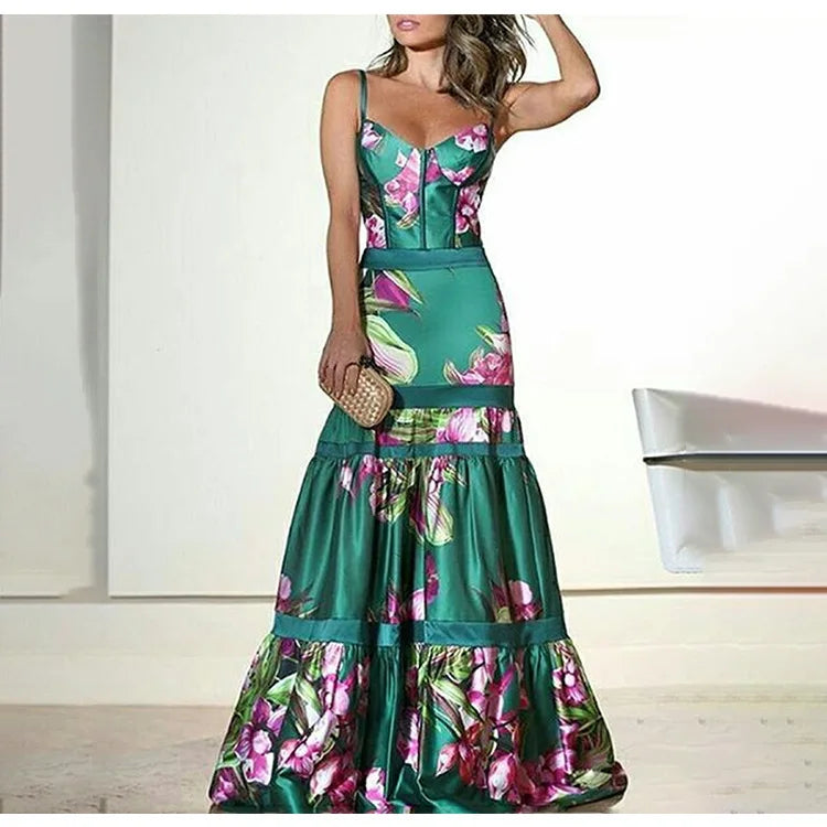 Evening Party Dresses Women Natural Silk Dress Retro Floral Print Maxi Dress Ladies Strap Pleated Oversized Dress Vestidos