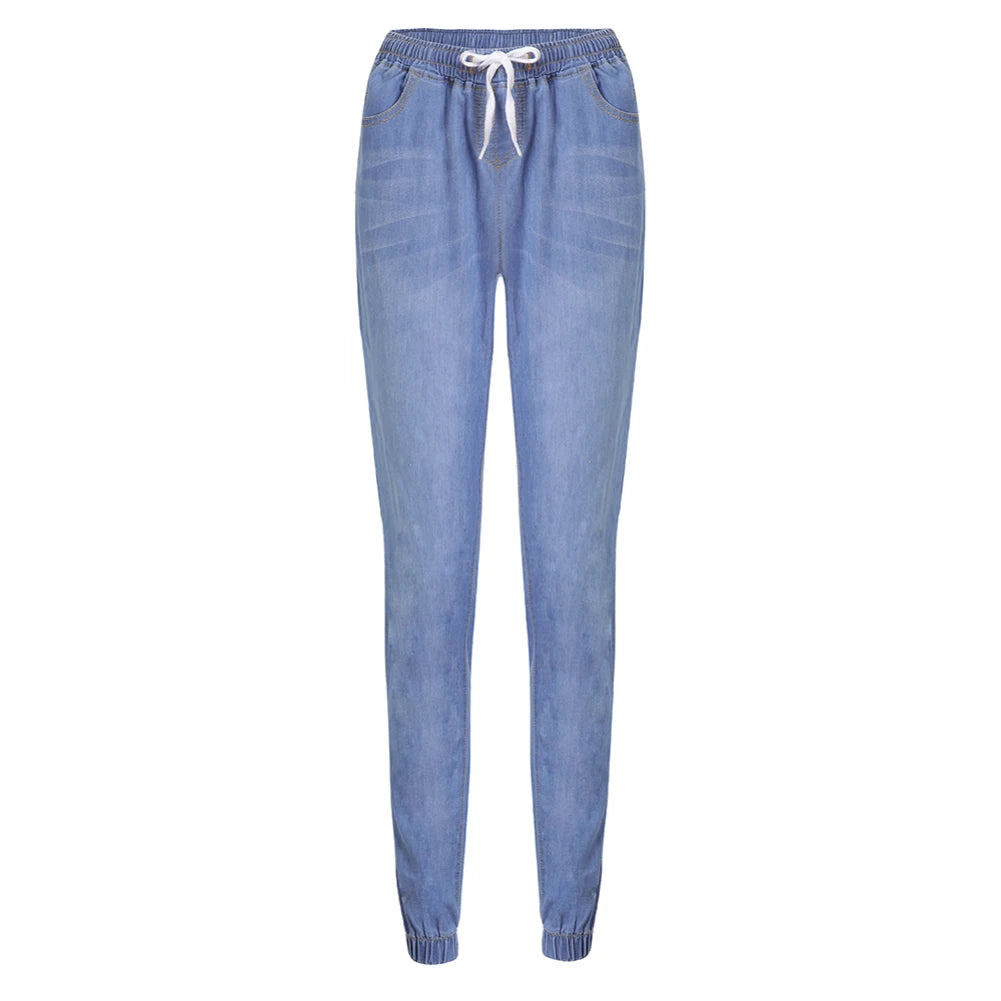 Casual Women Drawstring Elastic Waist Jeans Loose Denim Long Pants Drawstring Elastic Waist Jeans Denim Pants 2022