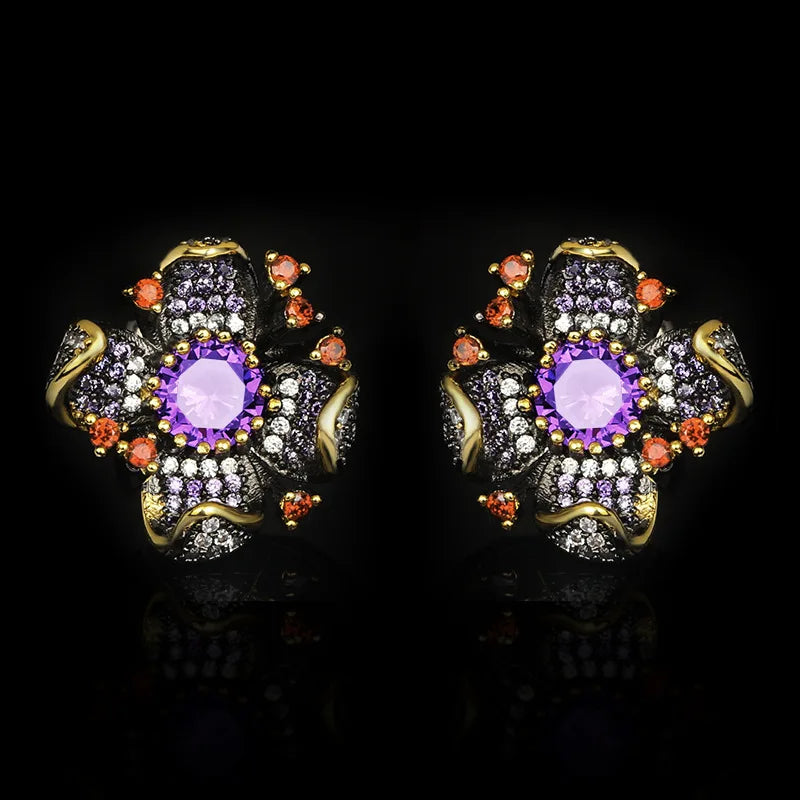 New European and American Flower Earrings Sunflower Zircon Earrings Black Gold Earrings Women's Bridal Earrings