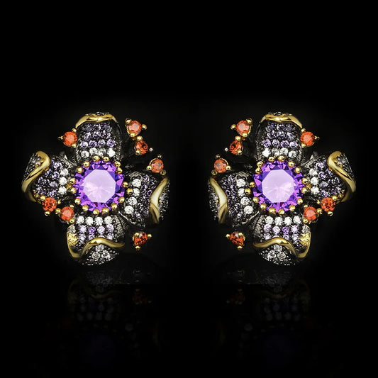 New European and American Flower Earrings Sunflower Zircon Earrings Black Gold Earrings Women's Bridal Earrings