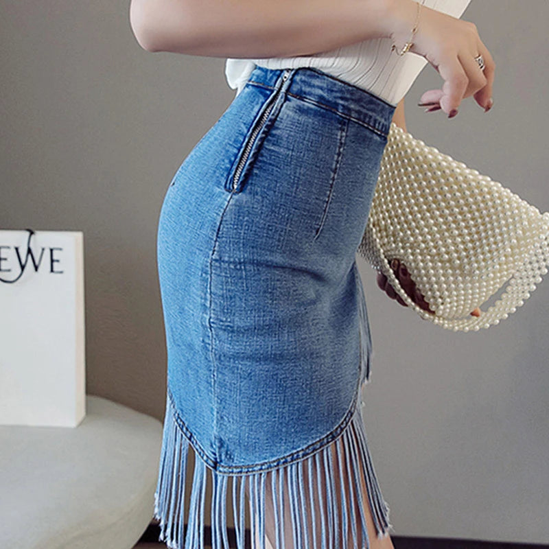 Korean New Tassel Summer Denim Skirt Zipper High Waist Korean Short Skirt Women Mini Jeans Skirt Sexy Warp Vintage Skirts