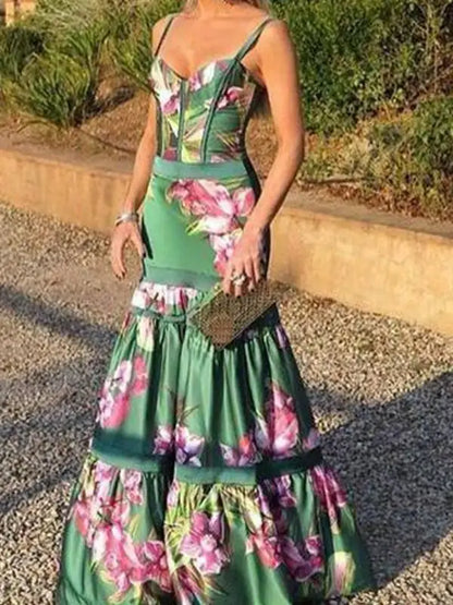 Evening Party Dresses Women Natural Silk Dress Retro Floral Print Maxi Dress Ladies Strap Pleated Oversized Dress Vestidos
