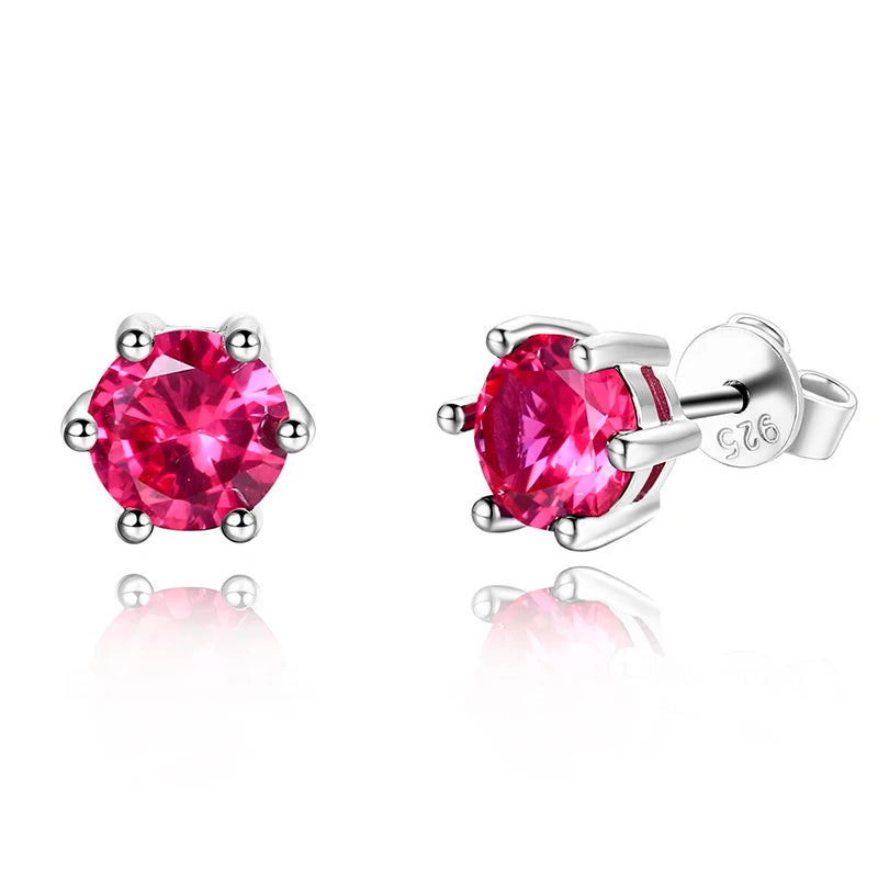 Women's Ear Studs S925 Silver Fine Jewelry Round AAAAA Red Zircon Wedding Engaging Party Gift