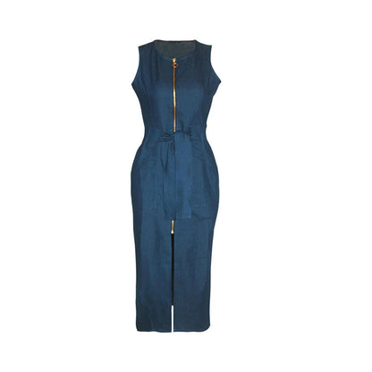 Dresses for Women 2023 Sexy Sleeveless Front Pocket Belt Zipper Slit Slim Fit Bodycon Denim Dress vestido de mujer  femme robe