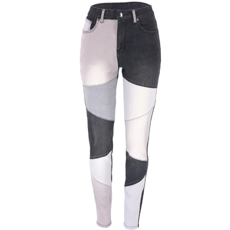Fashionable Women's High Waist Denim Skinny Leggings High Quality Pencil Jeans Color Block Patchwork 3D Fall Spring Summer