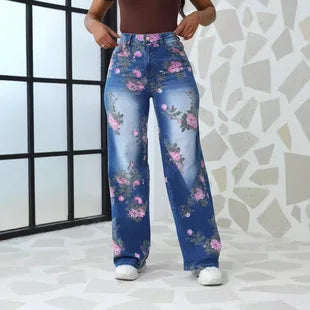 2025 Women's High Waist Straight Jeans Elegant Vintage Denim Fabric with Woven Weave Fashionable Hip Hop Style for Autumn
