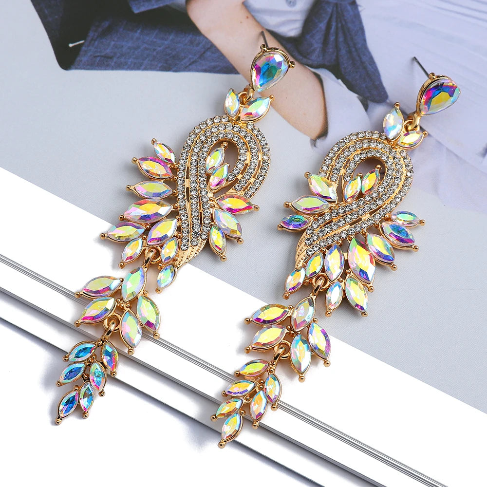 Design Dangle Earrings For Women Girl Luxury Elegant Metal Hollow Chain Leaves Crystal Brincos Pendant Jewelry Ear Accessories