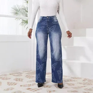 2025 Women's High Waist Straight Jeans Elegant Vintage Denim Fabric with Woven Weave Fashionable Hip Hop Style for Autumn